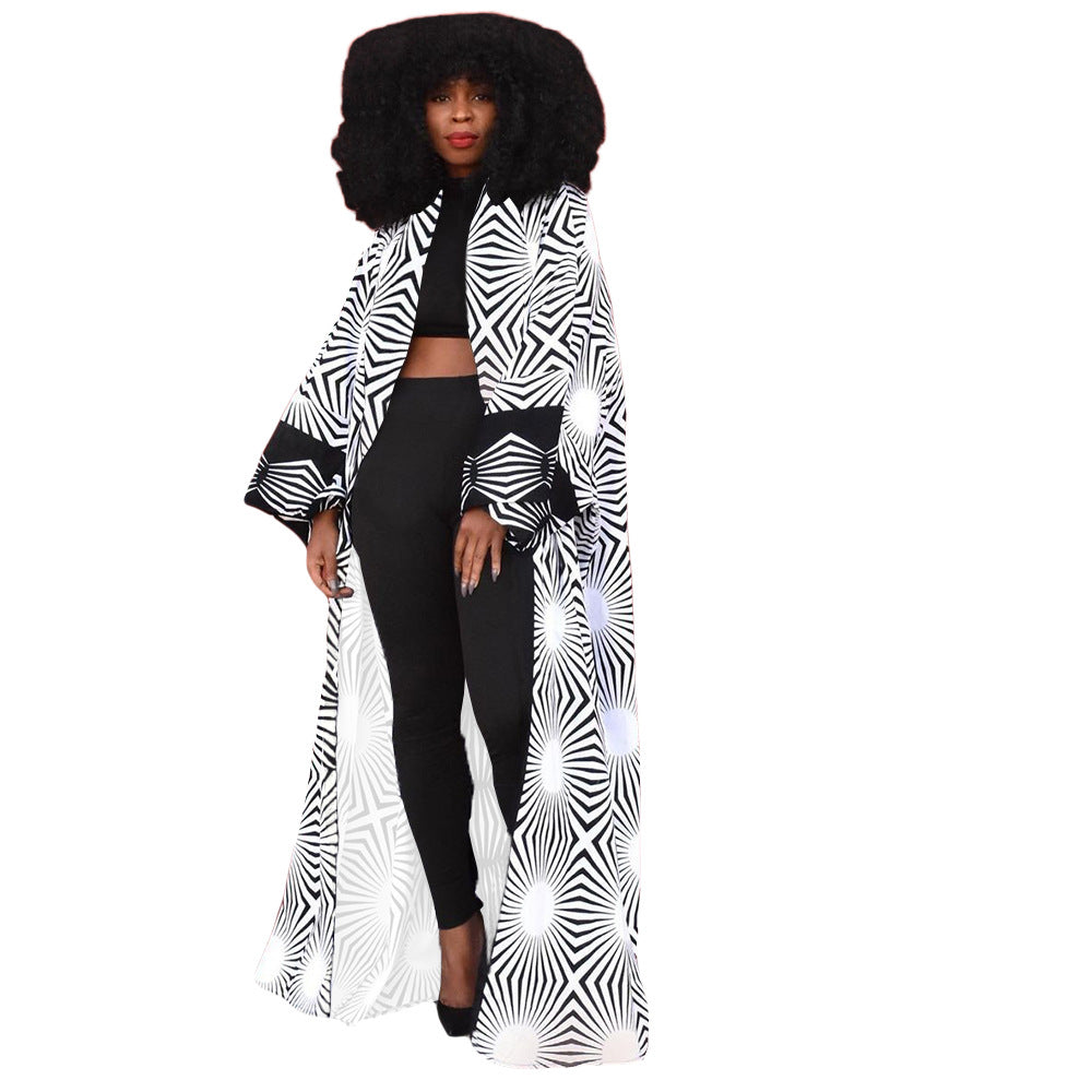 Women's Fashion Chic Plus Size Versatile Long Loose Print Cardigan Coat