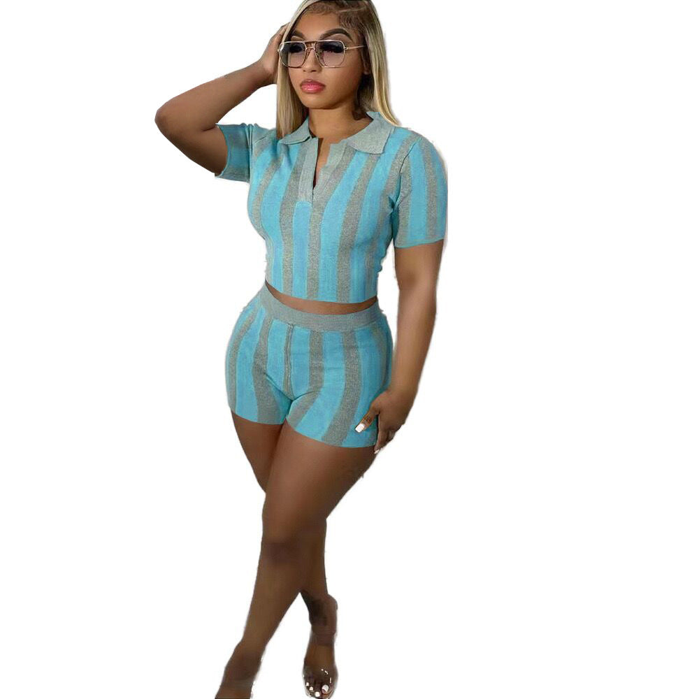 Women's Trendy Digital Ribbed Print Sexy Low Back Short Sleeve Two-Piece Set 5