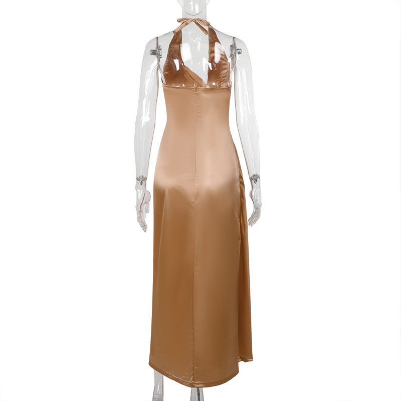 Autumn Chic Sexy Halter Slim Pleated Deep V Satin Long Dress 8