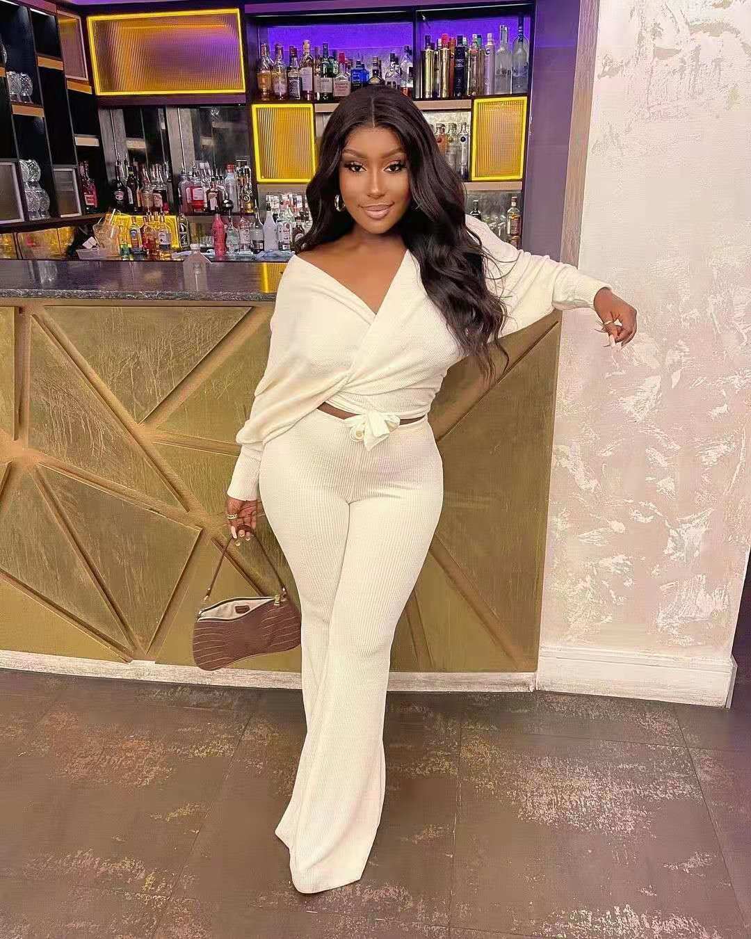 Fashionable Casual Solid Ribbed Loose-Cut Style Tie Bow Two Piece Set 4