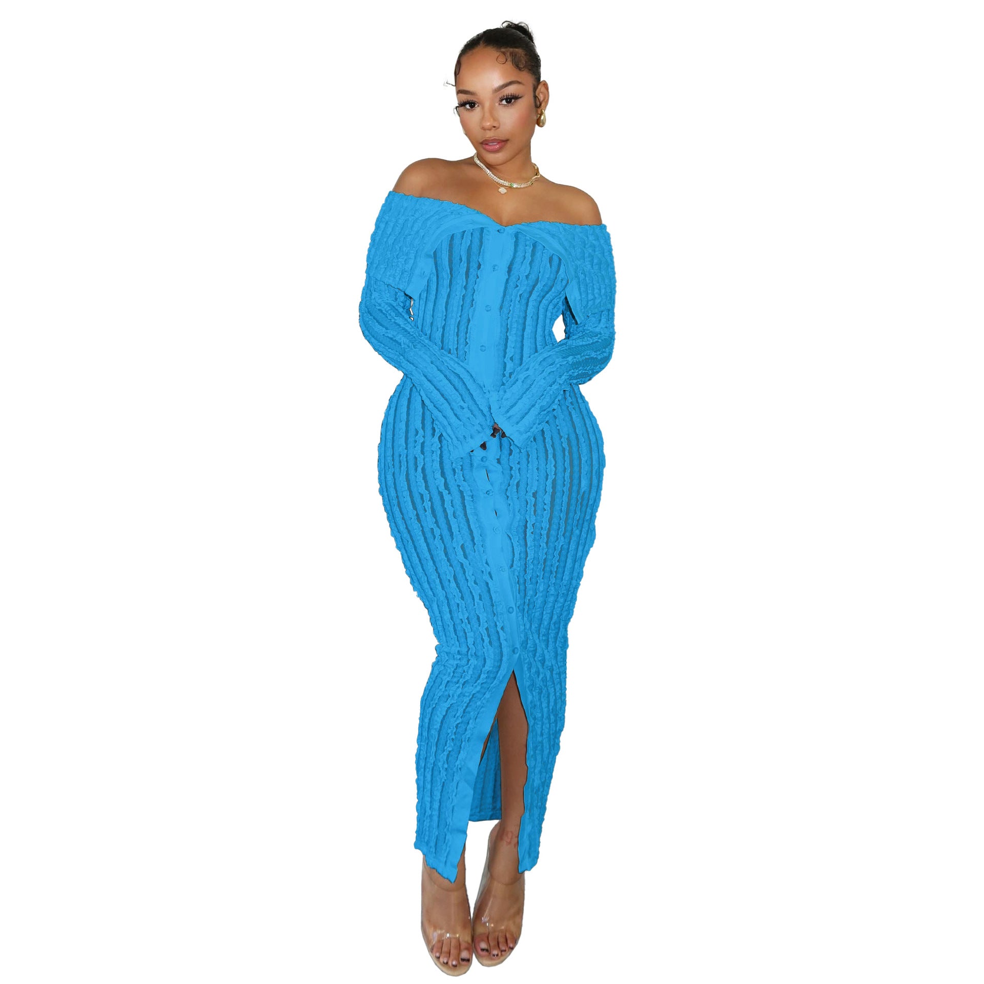 Women's Spring And Summer Sexy Turndown Collar Off Shoulder Long Sleeve Dress 4