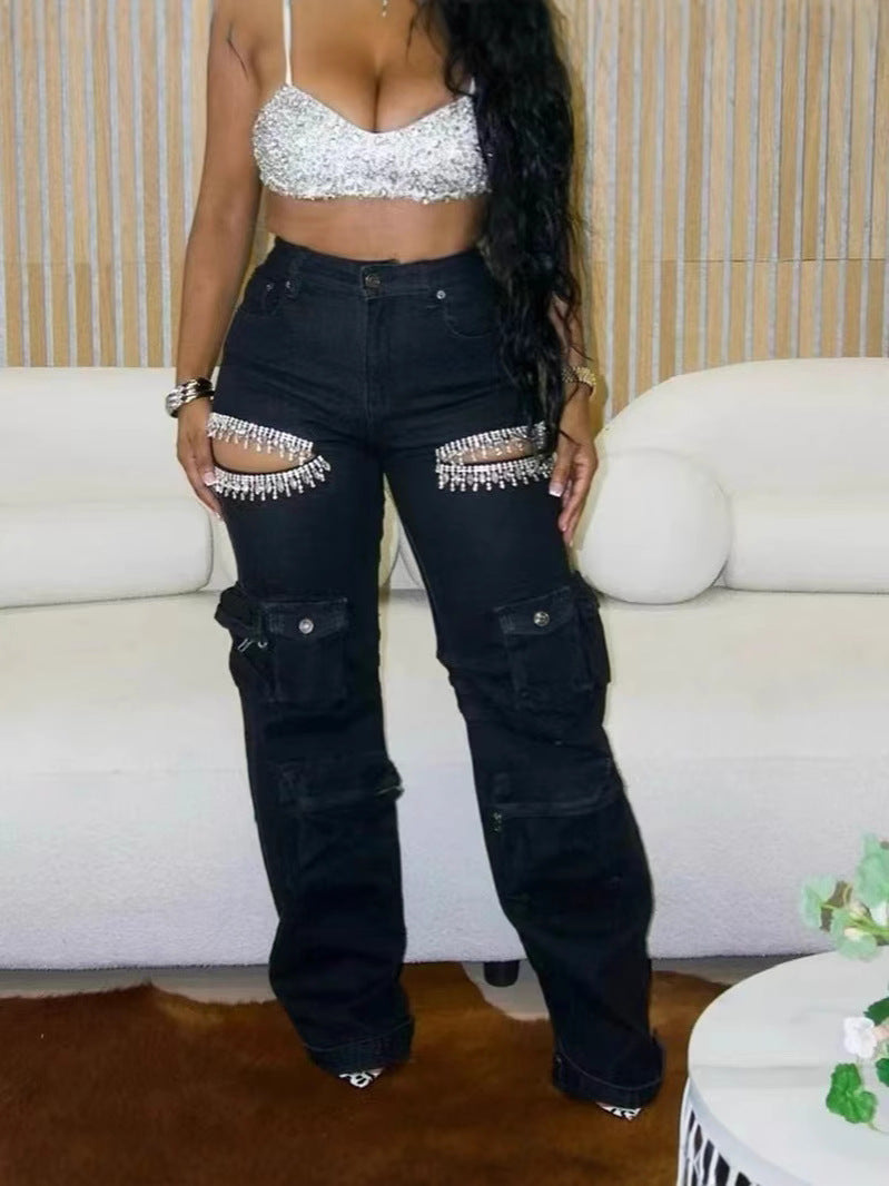 Fashionable Women's Multi-Pocket Cut Out Diamond Denim Pants 8