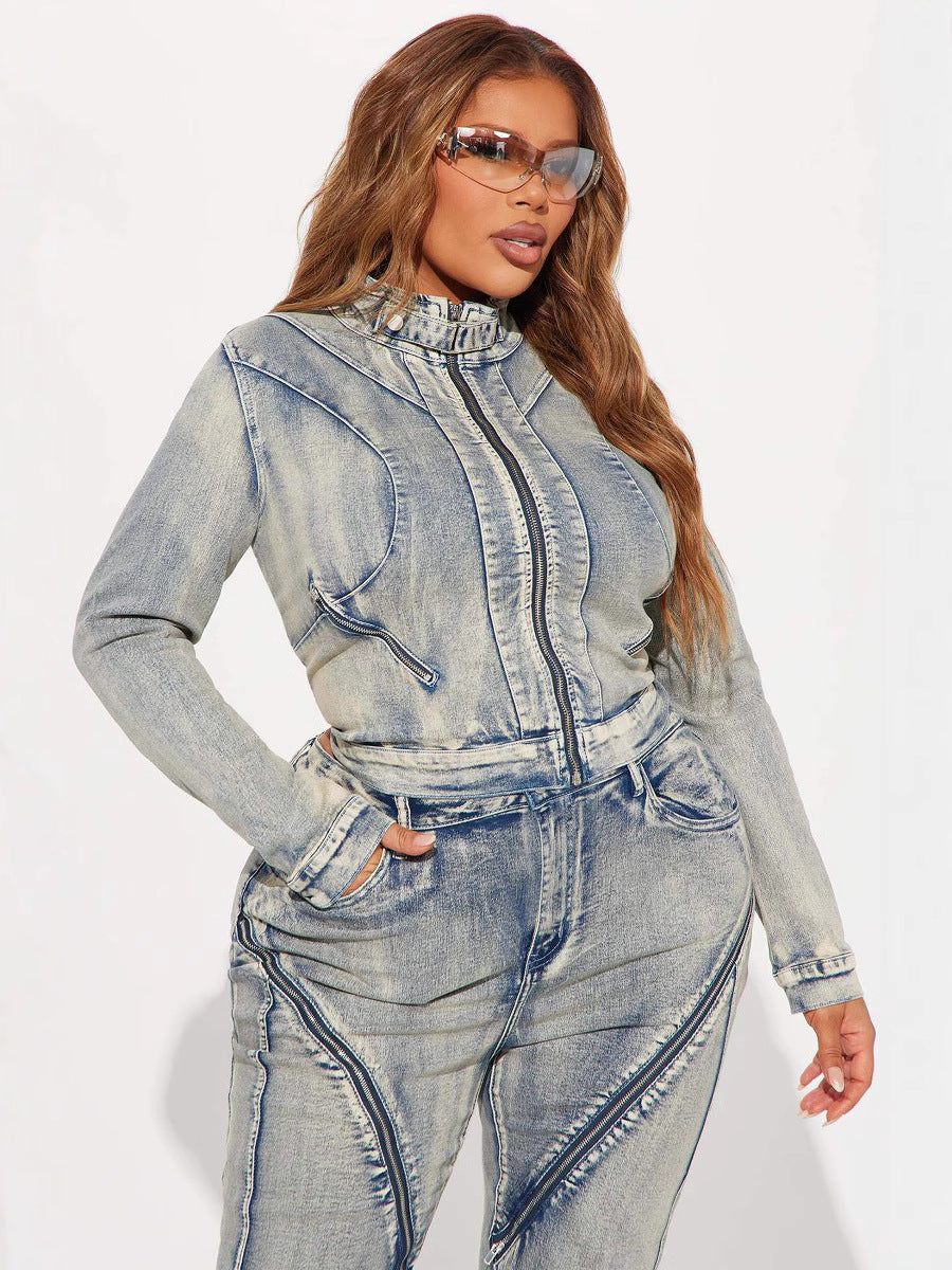 Women Spring Sexy Stretch Washed Zipper Denim Jacket Top and PantsTwo Piece Set 3