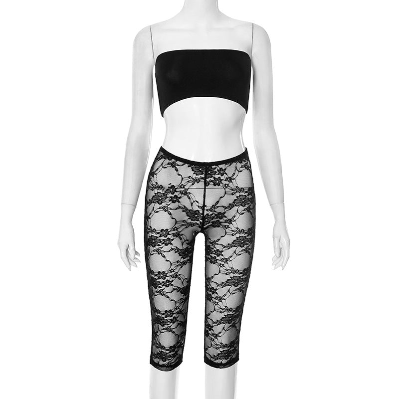 Women's ultra-short Strapless top lace Tight Fitting Knee-Length Shorts two-piece set 5