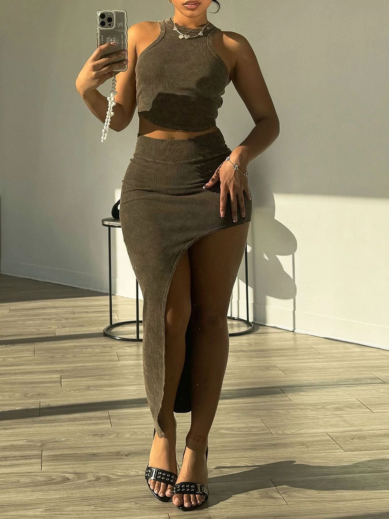 Women's Summer Sleeveless Slim Vest Irregular Long Skirt Two Piece Set 6