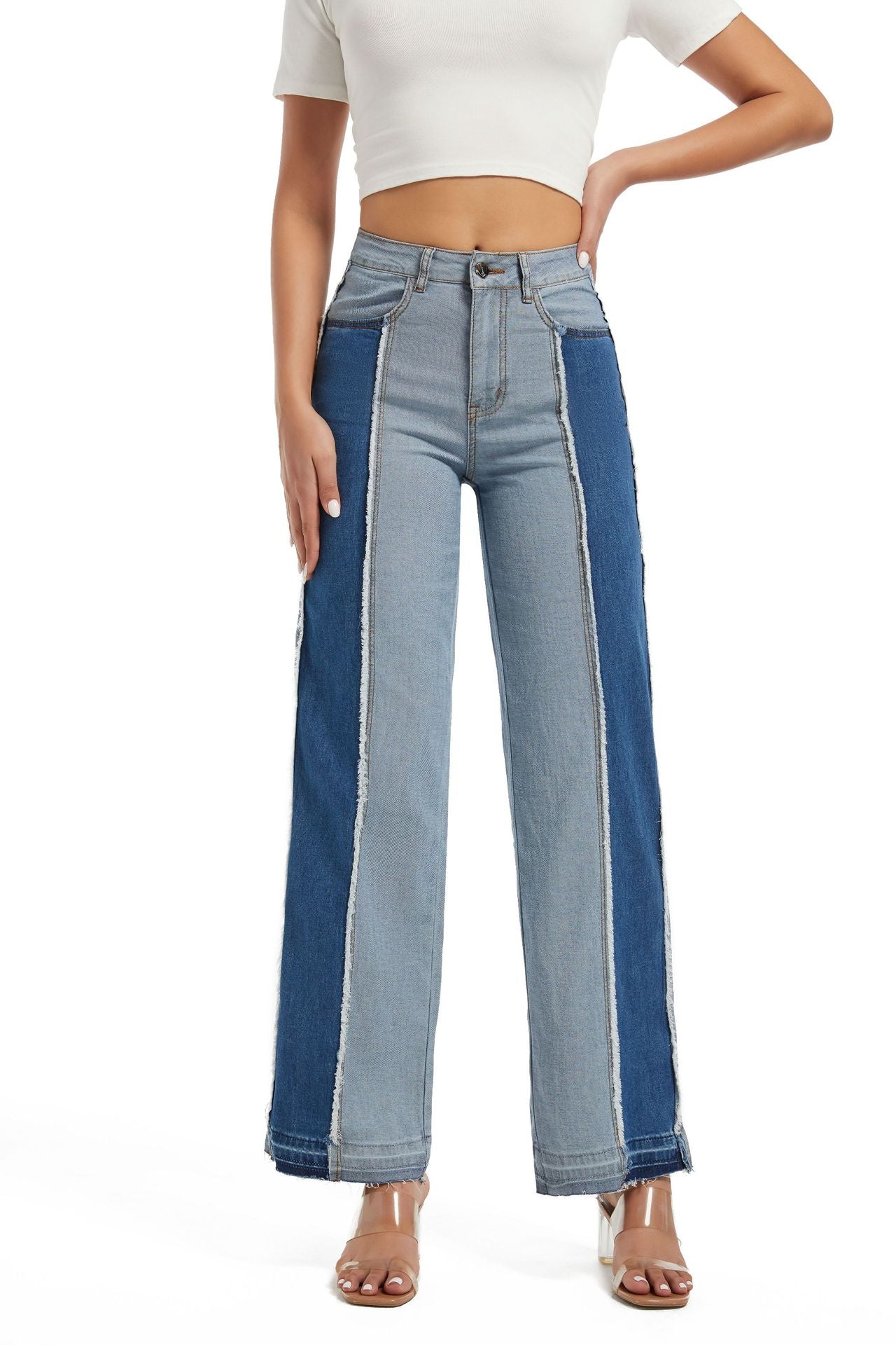 Women's Winter Fashion Slim Patchwork Contrast Color High Waist Casual Straight Denim Pants 3