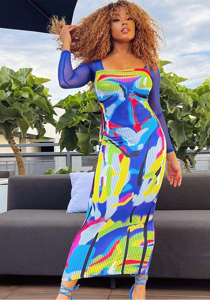 Women's Mesh Long Sleeve Square Neck Printed Dress