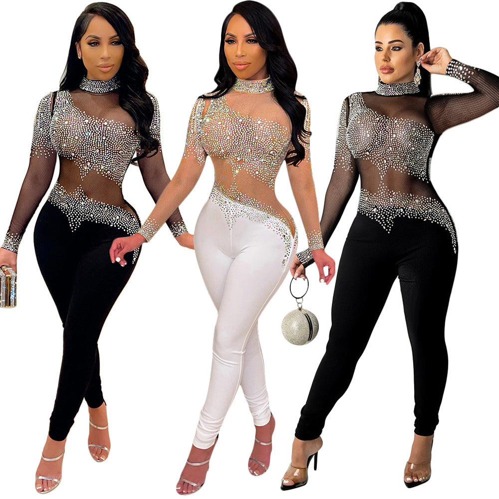 Women Sexy Mesh See-Through Beaded Long Sleeve Jumpsuit 25