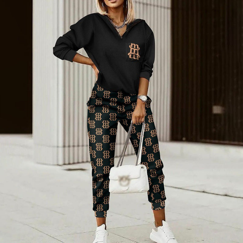 Women Printed Long Sleeve Top and Trousers Two-piece Set