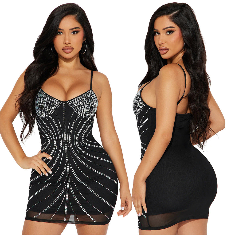Women Solid Color Sexy Strap Bodycon Beaded Party Dress 7