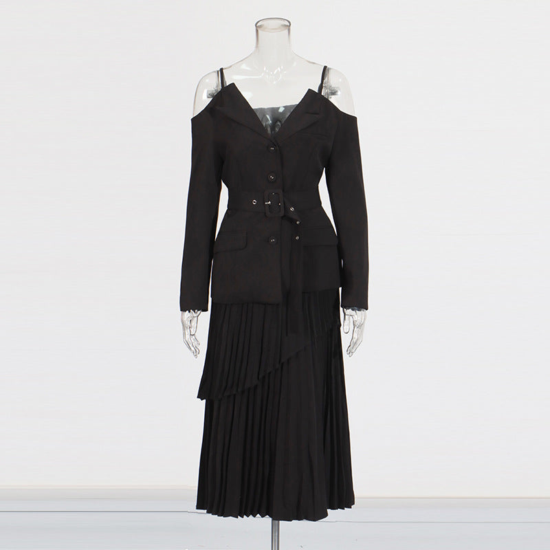 Off-Shoulder Strap Top High-Waist Pleated Skirt Two Piece Set 4