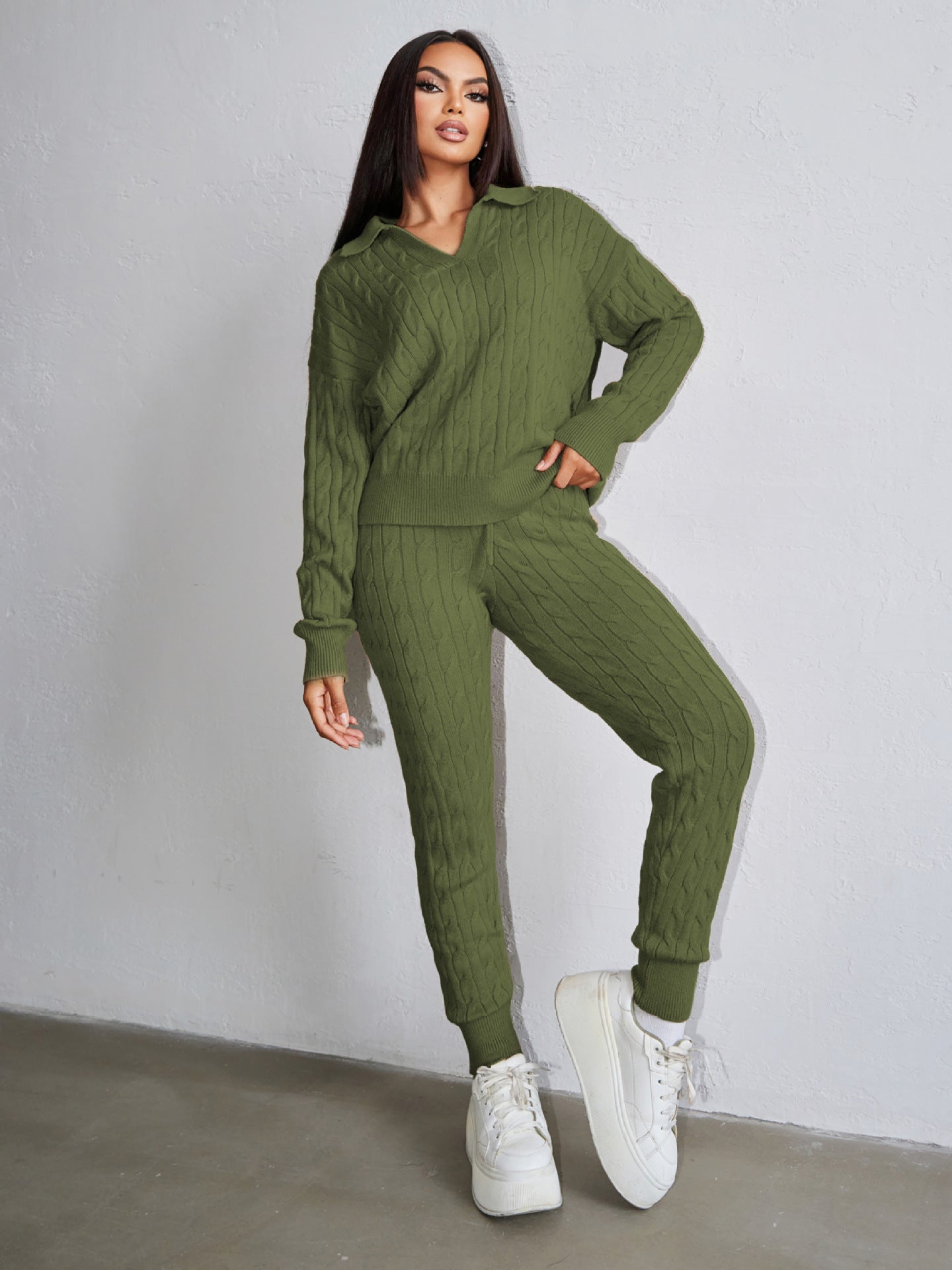 Autumn Winter Women Fashion Solid Color Sweater Trousers Knitting Two-Piece Set 9