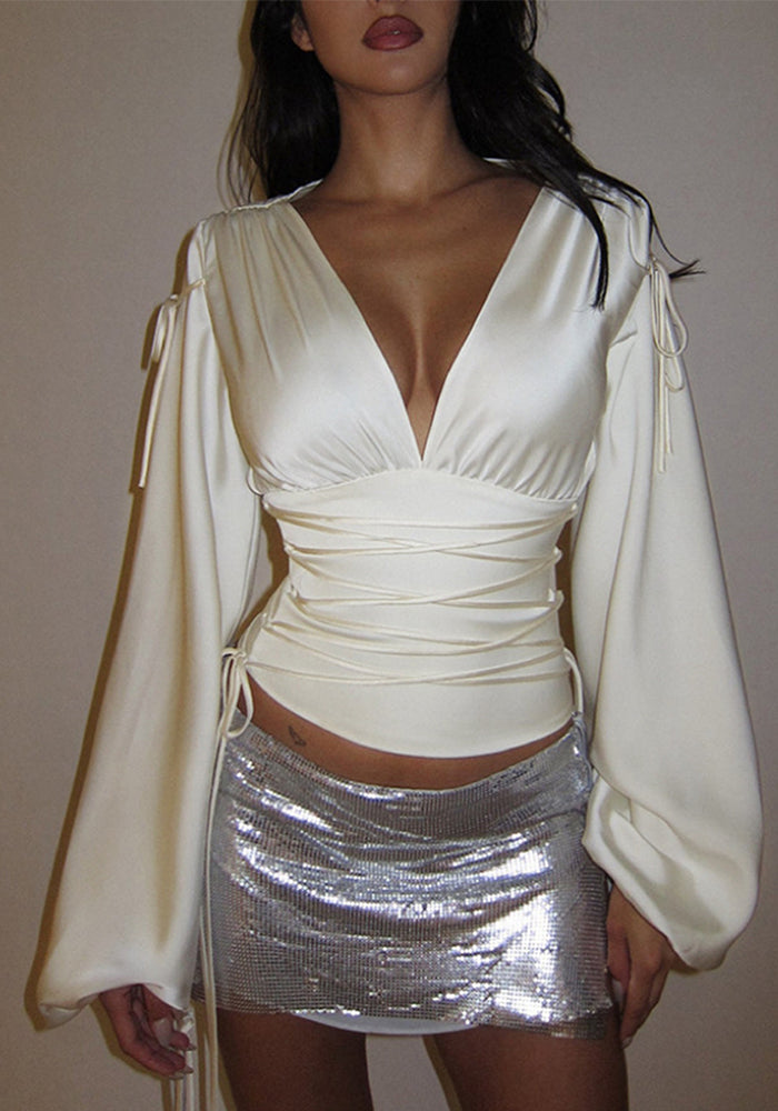 Autumn Long Sleeve Shirt High Elastic Satin Slim Waist Drawstring Women's Blouse