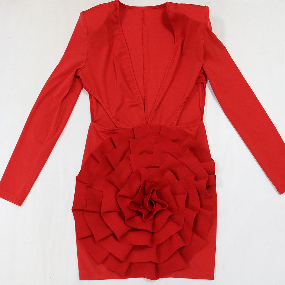 Women Fashion Sexy V-Neck Solid Color Long Sleeve Bodycon Short Evening Dress 8