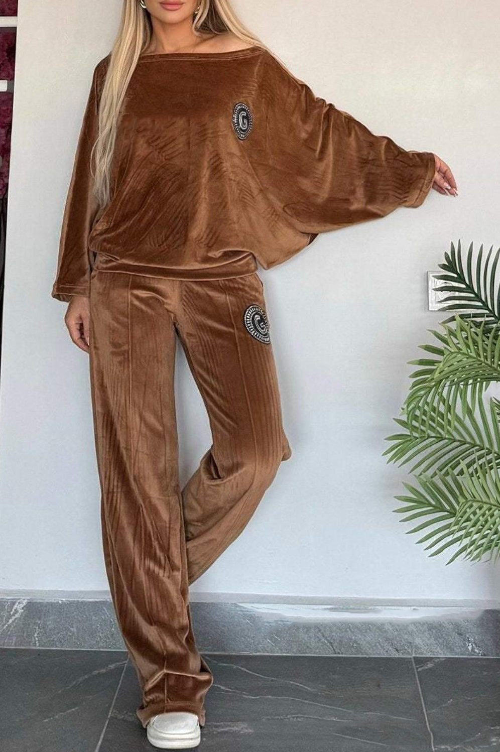 Women's Spring And Autumn Solid Color Velvet Round Neck Bat Sleeves Casual Two-Piece Pants Sets 5