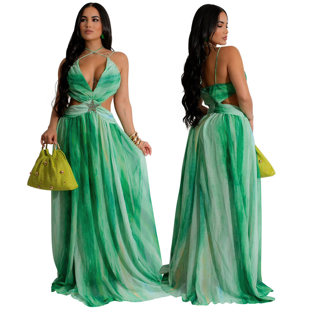 Halter Lace-Up Sleeveless V-Neck Printed Women Fashion Sexy Long Dress