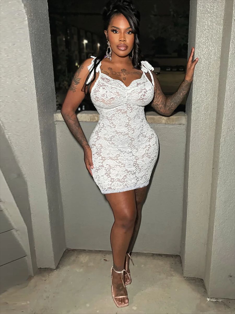 Women's See-Through slim Lace-Up Strap flower lace Bodycon dress 4