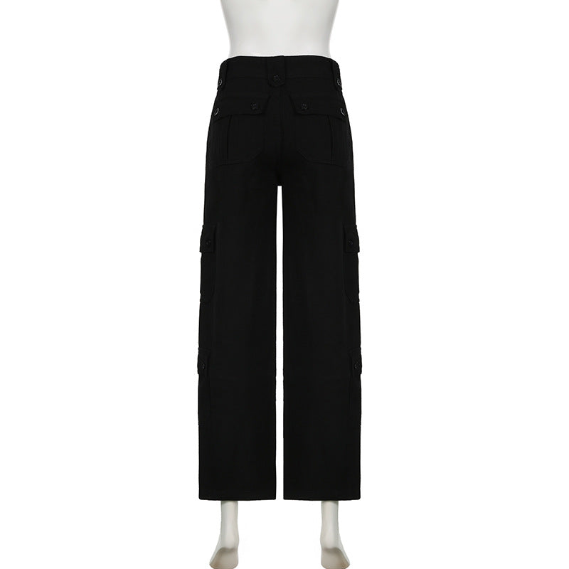 Pockets Cargo Denim Pants Low Waist Solid Color Loose Casual Trousers 14