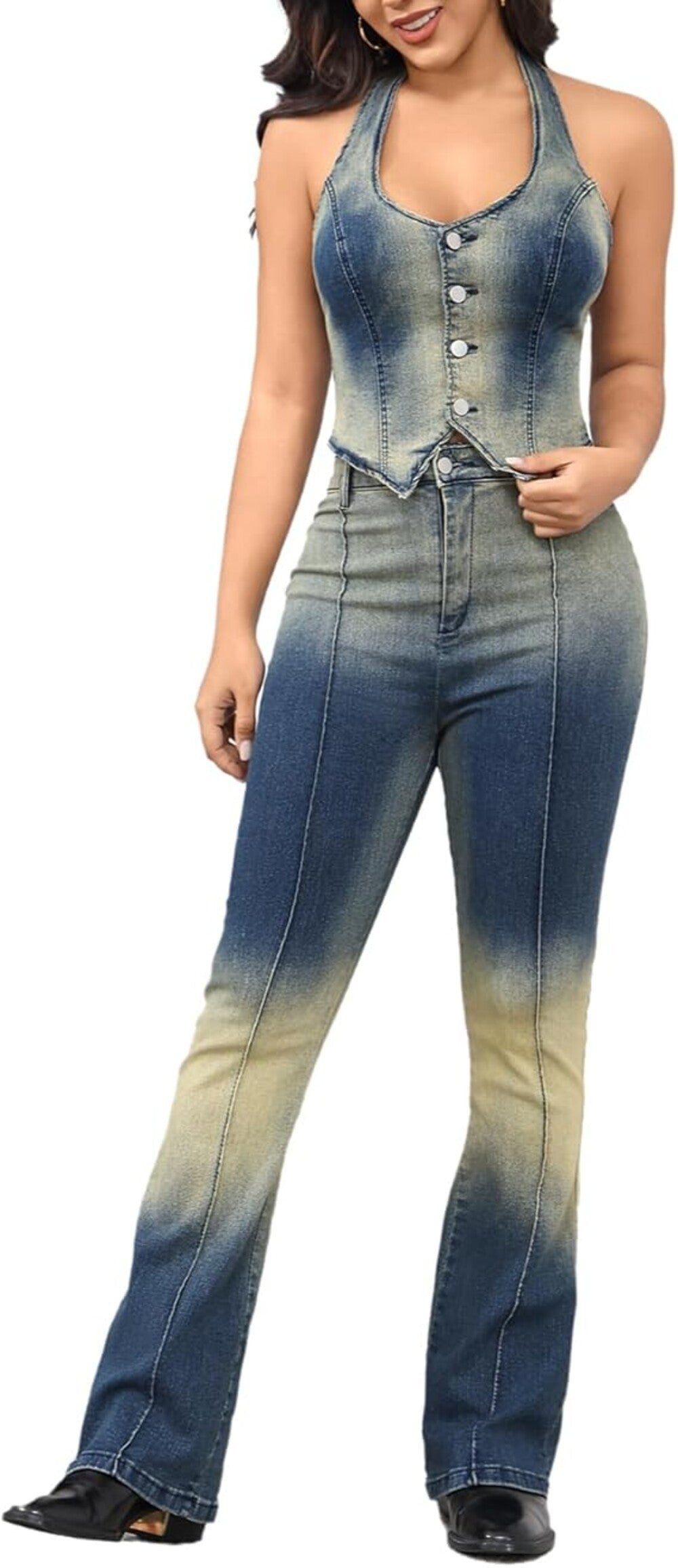 Women Summer Sleeveless Denim Vest and Pants Two-Piece Set 8