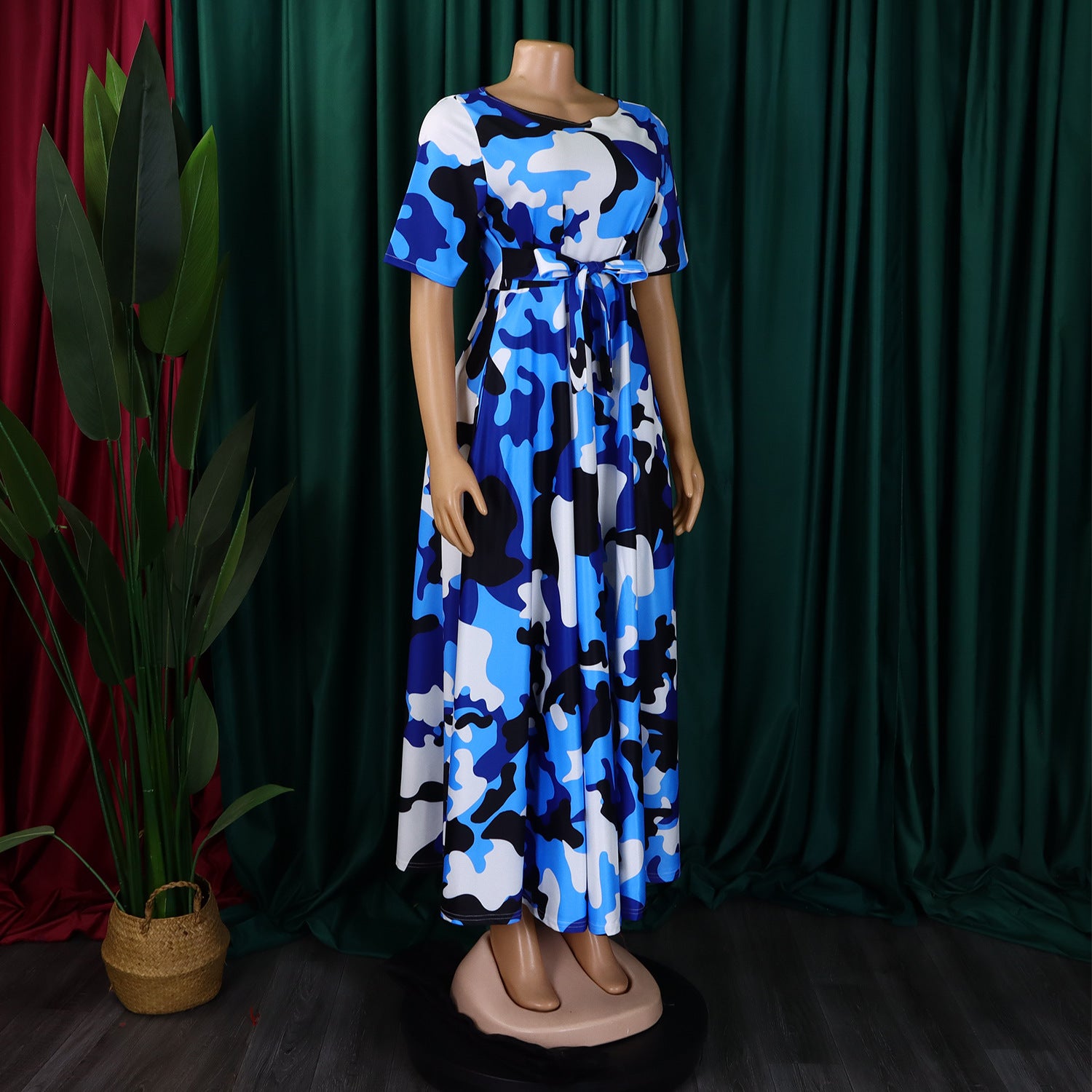 Women's Fashion Chic Tie-Waist African Plus Size Short Sleeve A-Line Dress 29