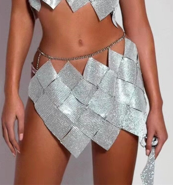 Women's Nightclub Style Sexy Diamond Sequin Checkered Two Piece Skirt Set 7