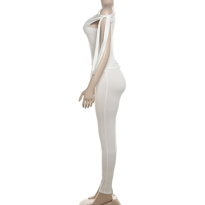 Summer Women's Lace-Up One-Shoulder T-Shirt High Waist Slim Casual Pants Two Piece Set For Women 9