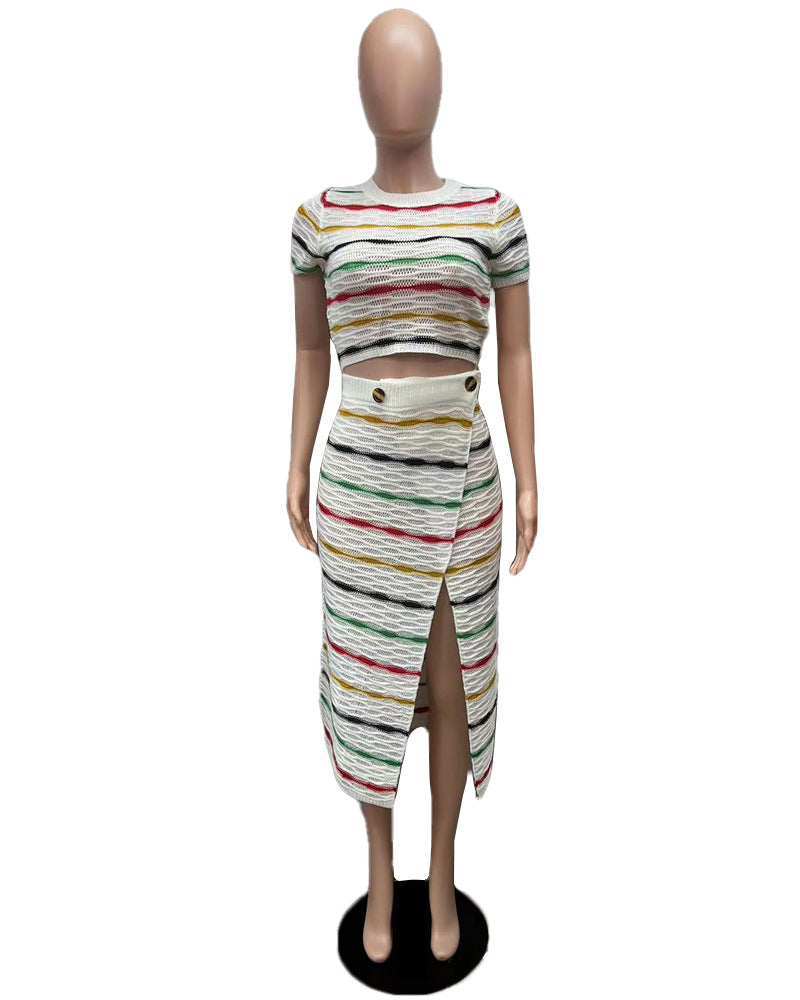 Women's Multi-Color Stripe Knitting Top Slit Skirt Two Piece Set 10