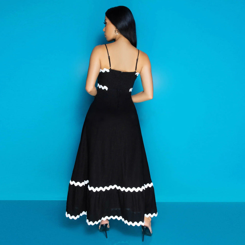 Women Strap Solid Wave Ribbon Patchwork Solid Strap Dress 5