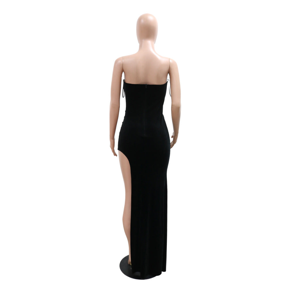 Fashion Sexy Strapless High Slit Solid Color Beaded Dress For Women 11
