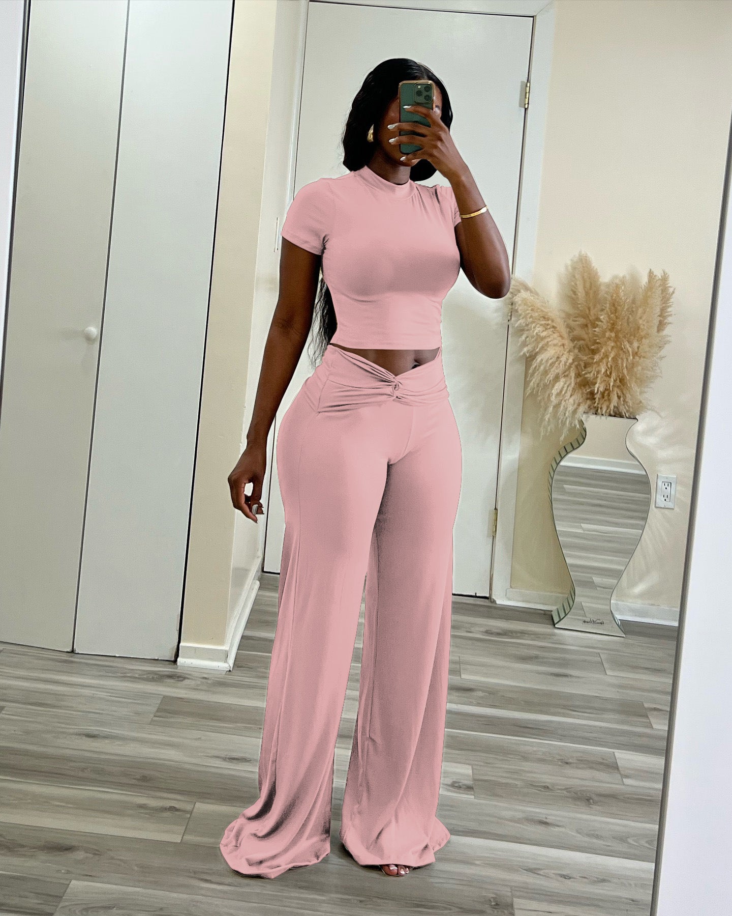 Women Summer Solid Stretch Knot Top and Wide Leg Pants Two-Piece Set 10