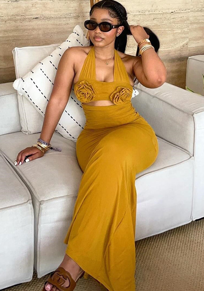 Women Fall Halter Neck Floral Dress