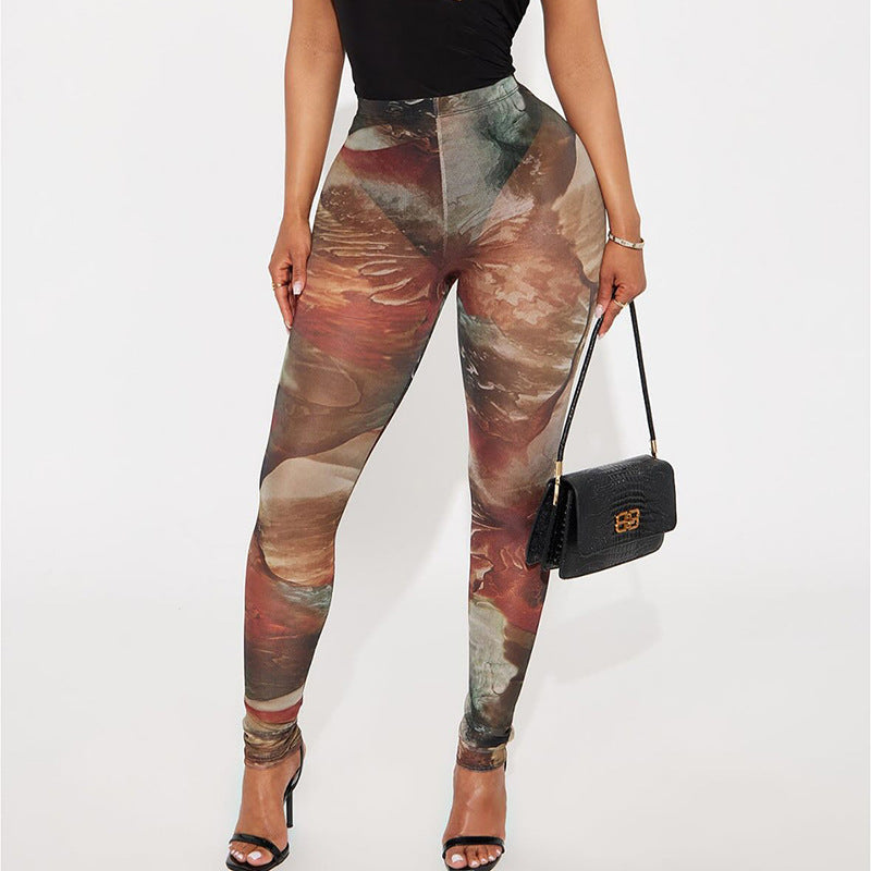 Women Spring and Summer Mesh Print See-Through Tight Pants 14