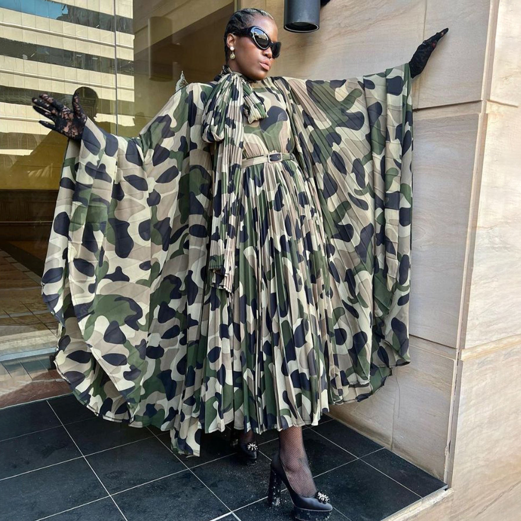 Women's African Plus Size Camouflage Loose Pleated Dress 24