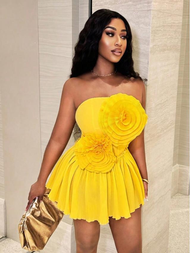 Summer Flower Embellished Strapless High-Waist A-Line Mini Dress 3