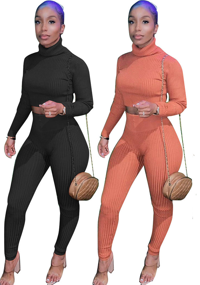 Women's Winter Fashionable solid knitting Long Sleeve Two Piece Pants set