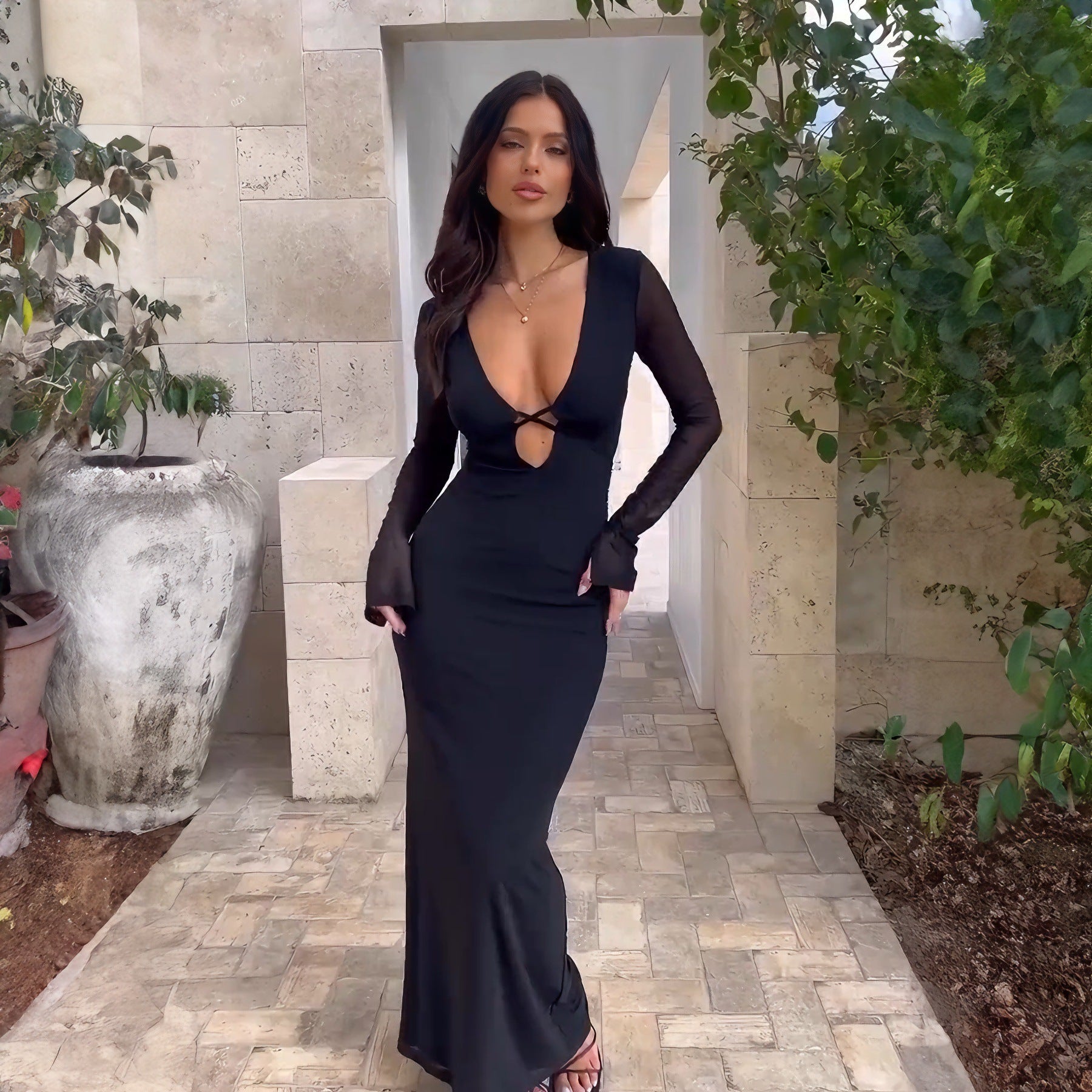 Women autumn and winter hollow mesh long-sleeved v-neck strappy dress 3