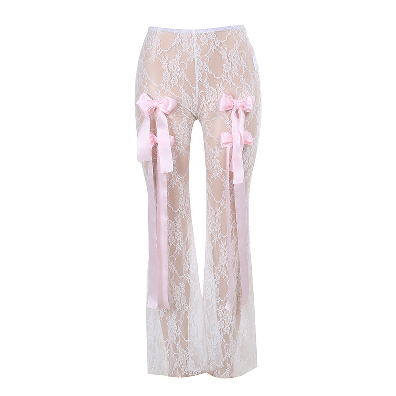 High-Waisted Lace See-Through Bow Trousers Straight-Leg Pants 6