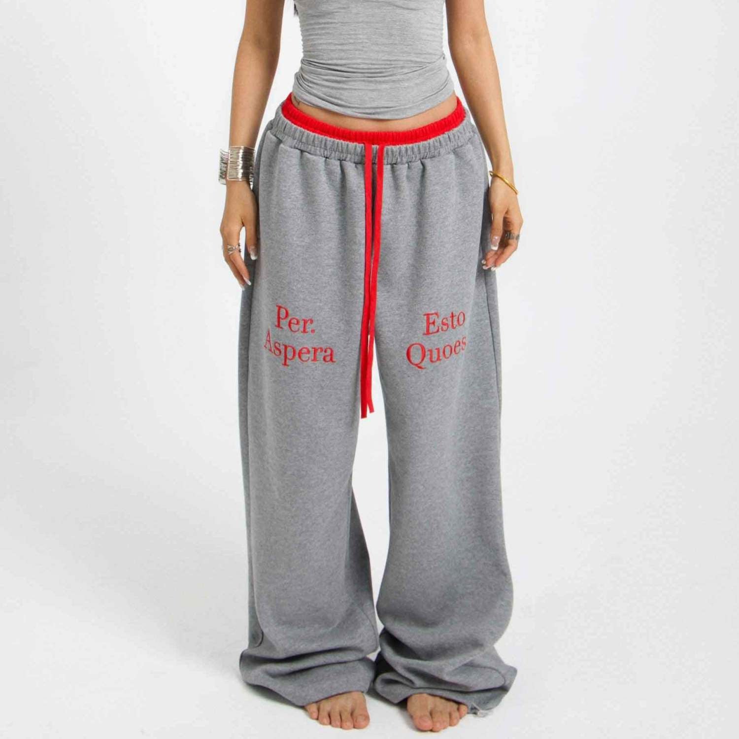 Color Contrast Patchwork Waist Loose Straight Casual Pants 4