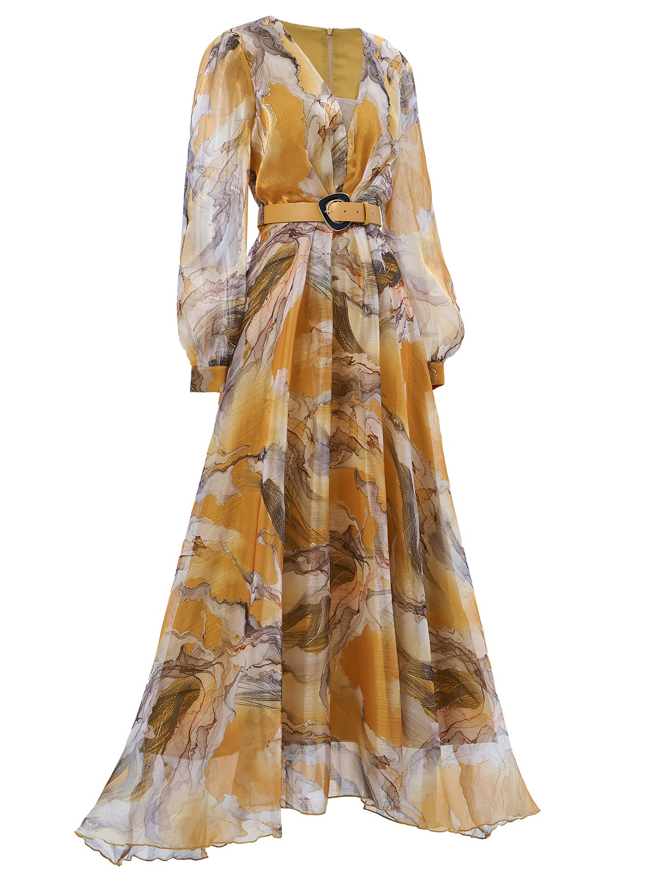 Women long-sleeved V-neck pleated Formal Party mesh dress 6