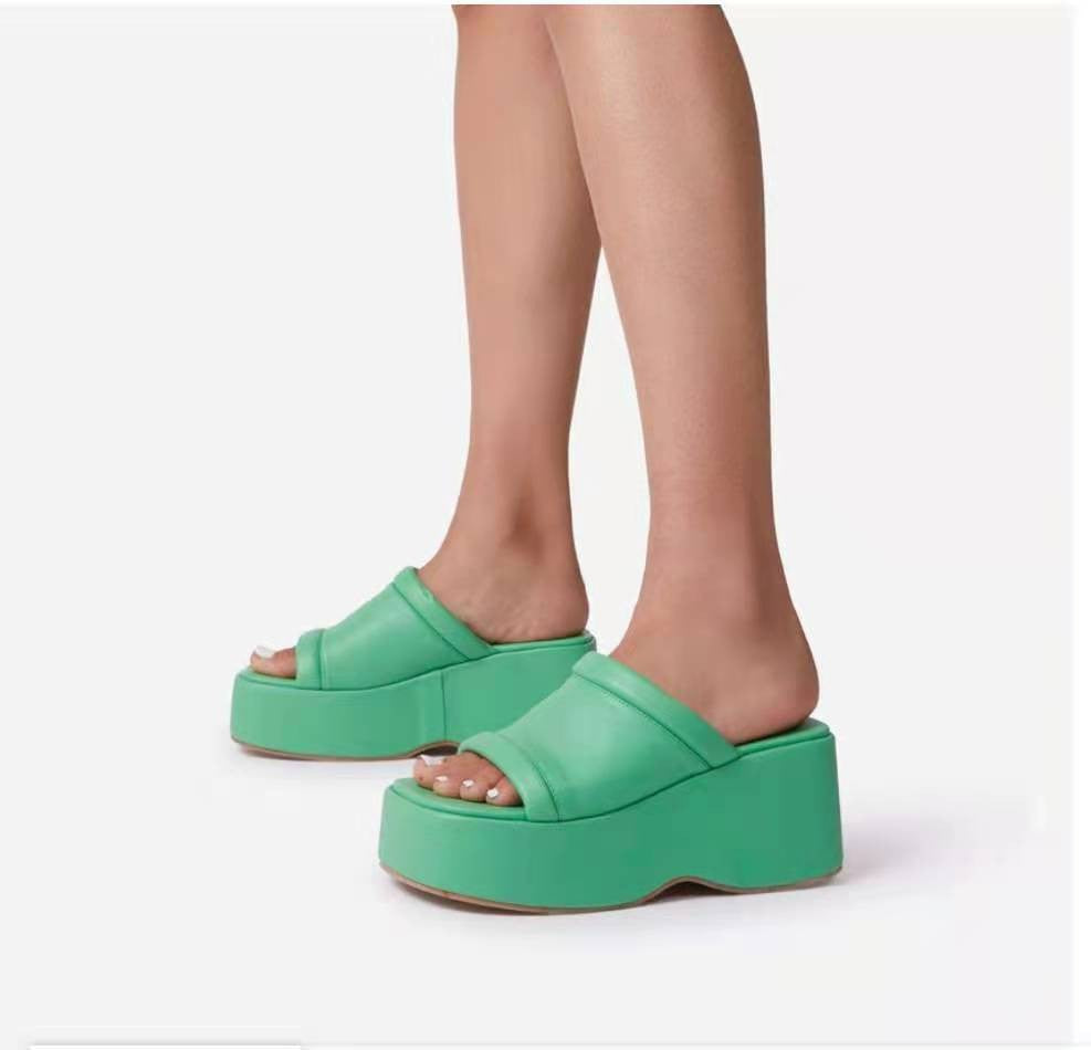 Summer Peep-Toe Sexy High Heel Rubber Wedge Faux Leather One-Line Platform Women's Slippers Outdoor Wear 7