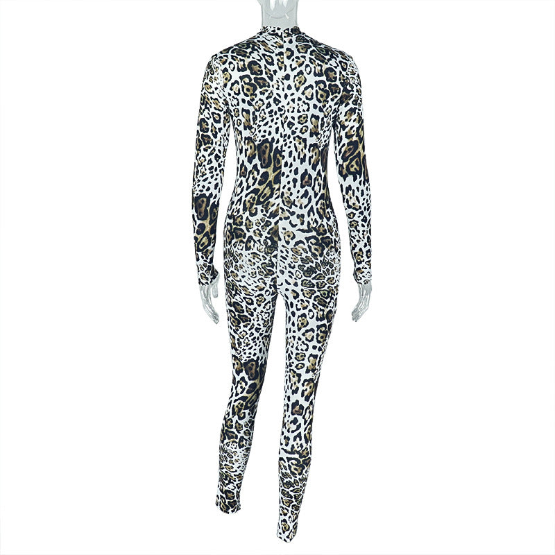 Women's Leopard Print Hollow-Out Sexy Long Sleeve Tight Slim Jumpsuit 6