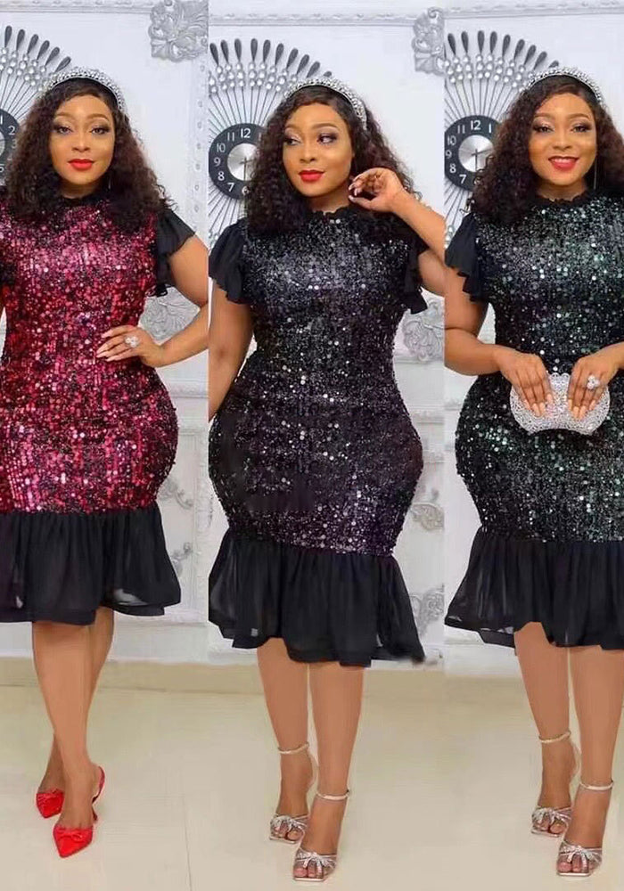 Women Soid Sequin Patchwork Sexy Bodycon Short Sleeve Dress