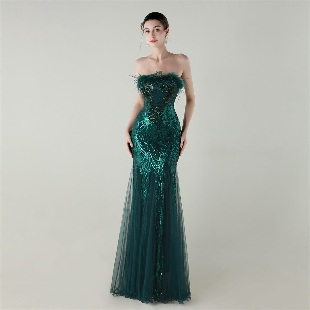 Women sequined tube flower ostrich feather Strapless cross Lace-Up Mesh Formal Party fishtail evening dress 19