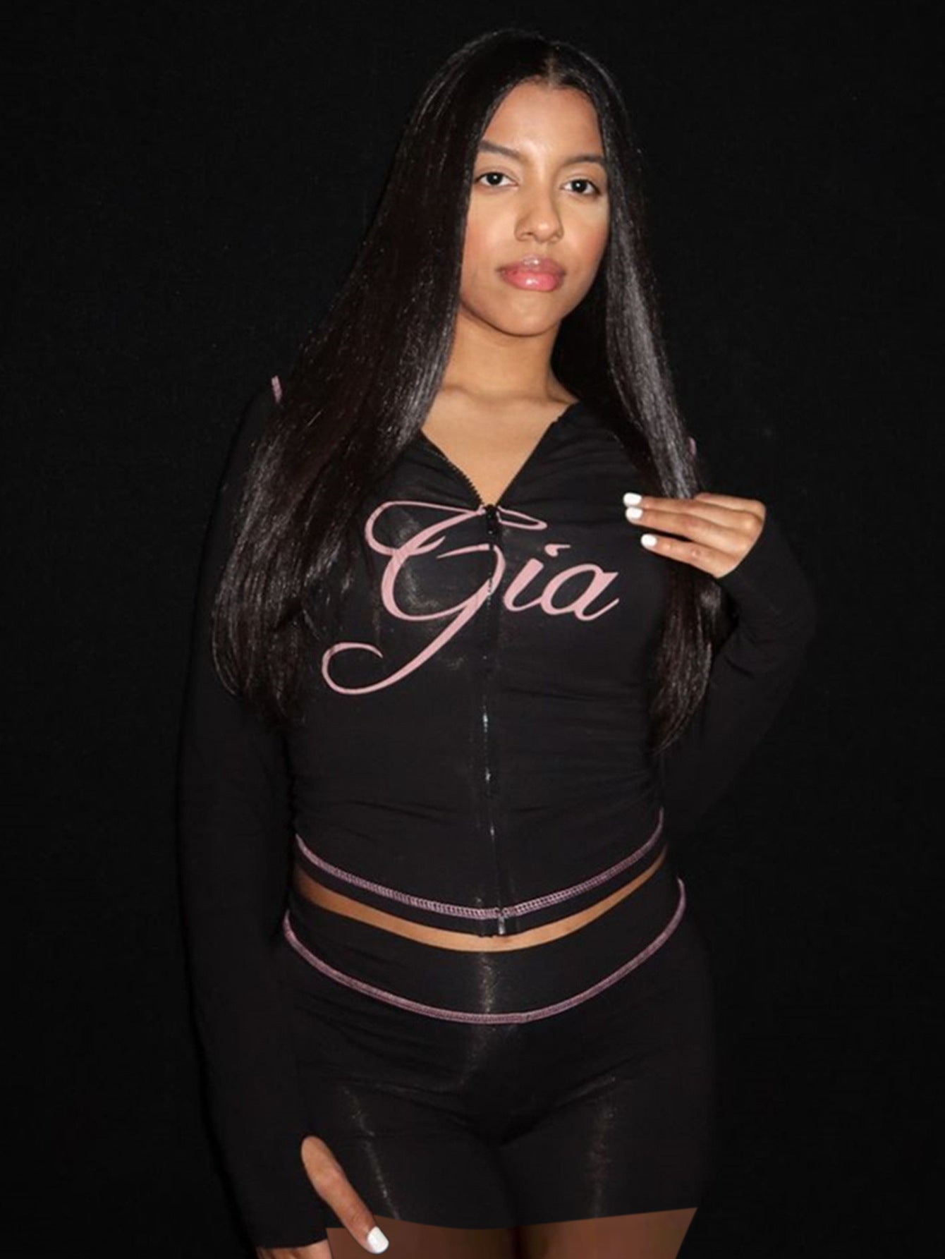 Fashion retro print slim elastic hooded sports style long sleeve top shorts women Two Piece Set 3