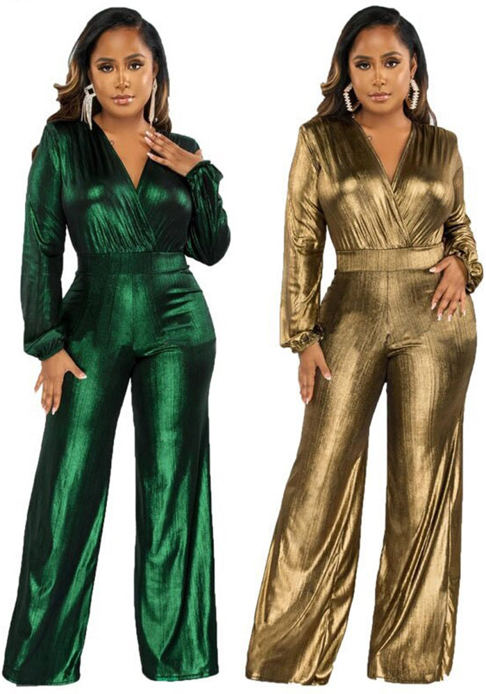 Sexy V Neck Shiny Long Sleeve Ladies Jumpsuit