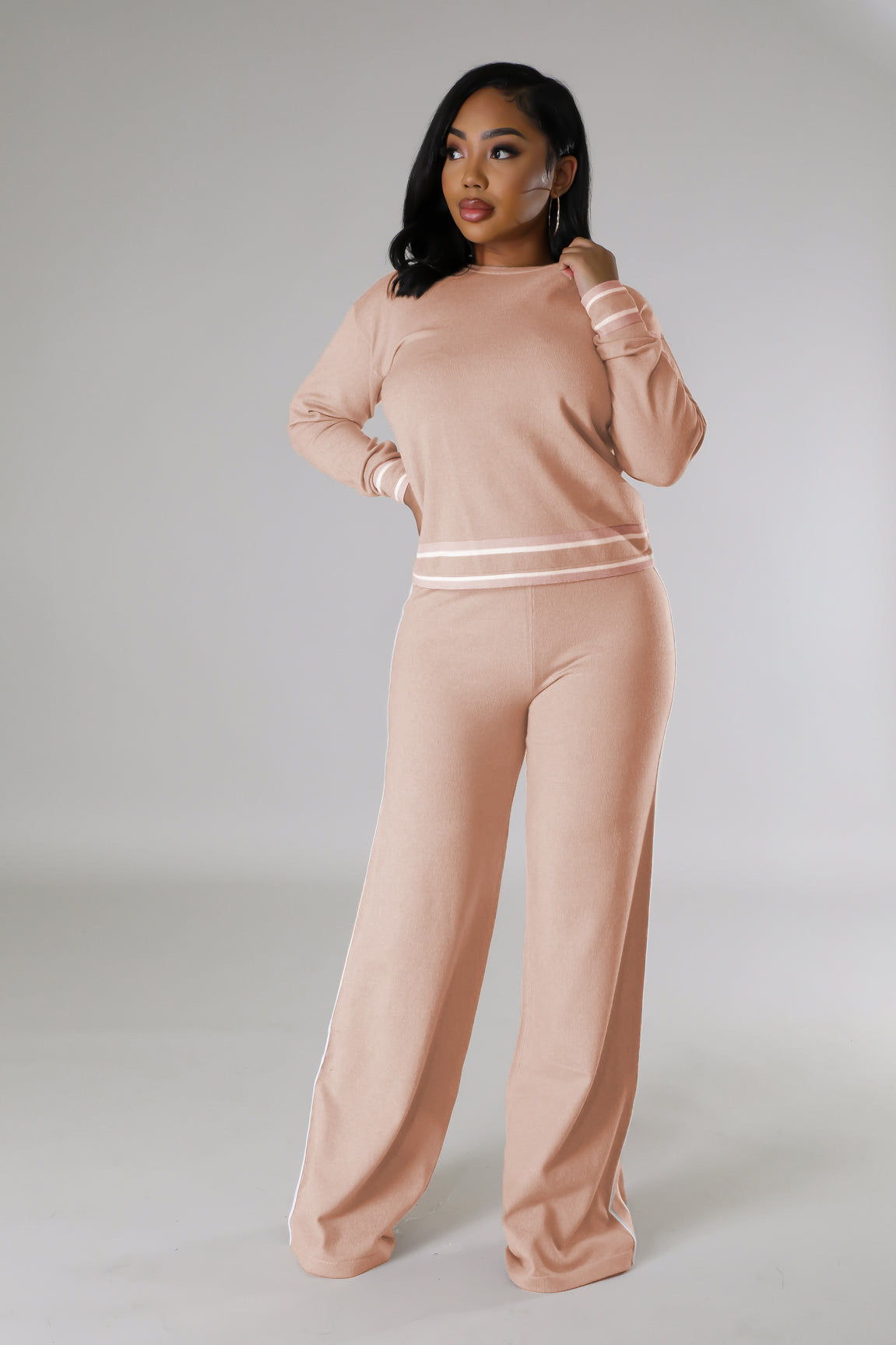 Women Fall and Winter Casual Long Sleeve Knitting Top Wide Leg Pants Two Piece Set 5