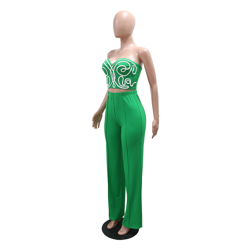 Women Strapless Crop Top and Solid Long Pants Two-Piece Set 10