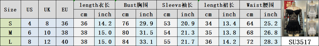 Women's Mesh Lace Trim Sexy Long Sleeve Top with Tiered Mini Skirt Two-Piece Set 12