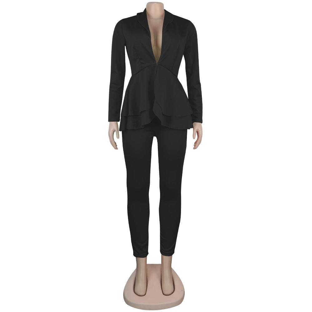 Sexy Women's Solid Color V-Neck Two-Piece Pants Set 26