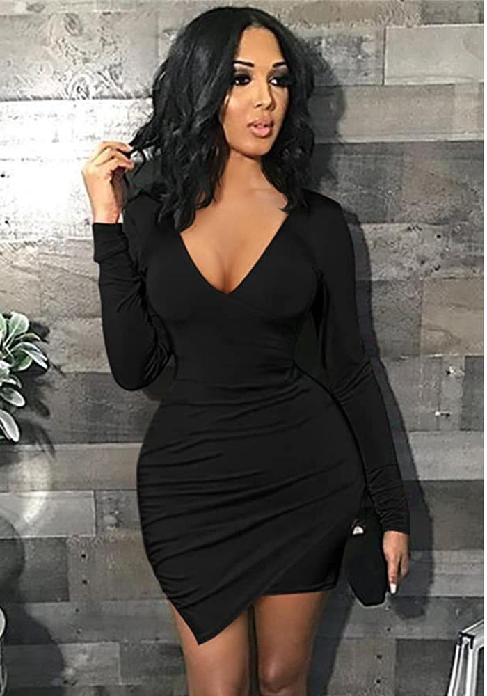 Women Sexy Solid V Neck Dress